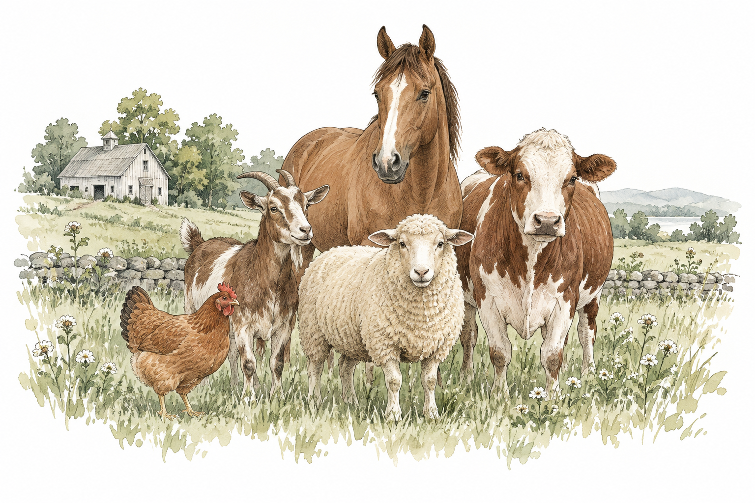 Illustrative watercolor of a chicken, goat, sheep, horse and cow in a pasture.
